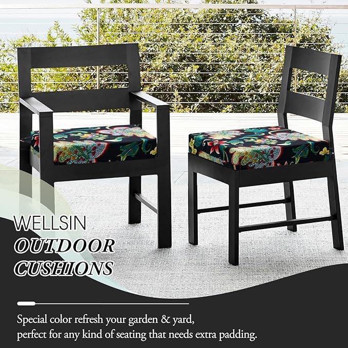 Wellsin Outdoor Chair Cushions for Patio Furniture - Outdoor Cushions for Chairs - Water Resistant Patio Chair Cushions Set of 4, 18.5"X16"X3", Flower Black