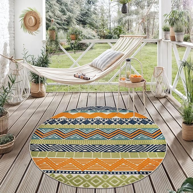 Rugshop Multi Marbella Boho Indoor/Outdoor Round Area Rug, Machine Washable for Patio, Deck and Seating Area 8' Round