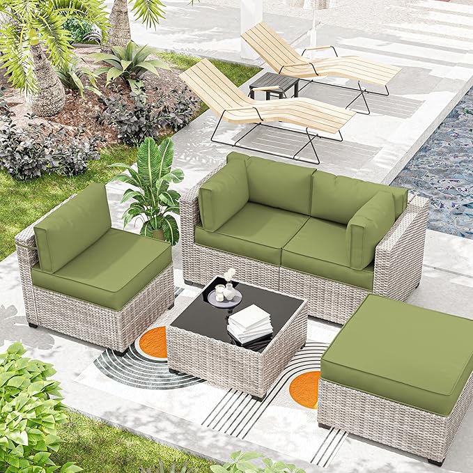 Outdoor Cushions for Patio Furniture with 5 Pillows, Waterproof Patio Furniture Cushions Replacement, 4" Deep Seat Outdoor Sectional Cushions for 4-seat Patio Furniture Chair Sofa Couch,Light Green