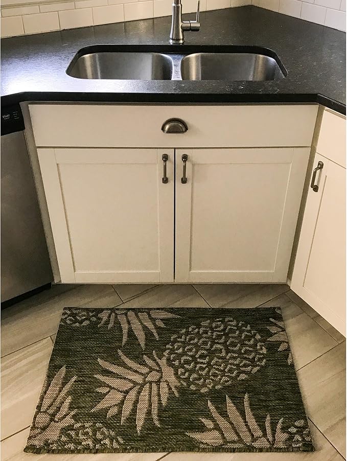 LR Home 2x3 Indoor/Outdoor Area Rug for Home Decor | Coastal Pineapples Carpet for Living Room, Bedroom, Playroom, Patio, Garden | Modern Farmhouse Rug | Dark Green/Beige