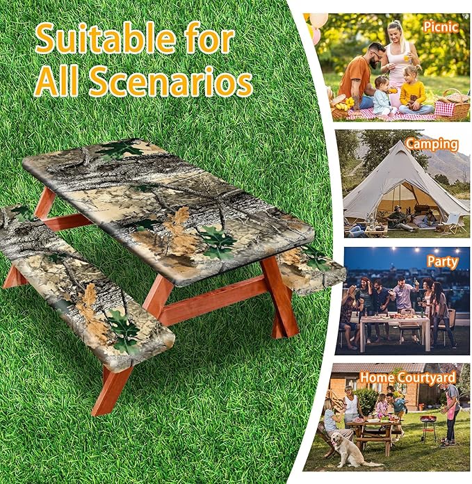 Picnic Table Cover with Bench Covers 72IN 6FT, Camping Essentials Tablecloth Waterproof Oilproof with elastic Edge for Indoor Outdoor Patio (Camouflage)