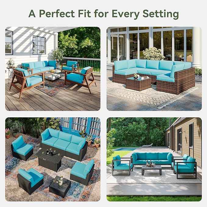 Aoxun Outdoor Replacement Cushions for Patio Furniture, Waterproof Sofa Cushion for 6-Seat Rattan Wicker Sectional Patio Conversation Sets, 14-Piece Cushions Set for L-Shape Couch, Sky Blue | Breathable Fabirc, Non-slip Bottom, Removable Cover, Bullhor...