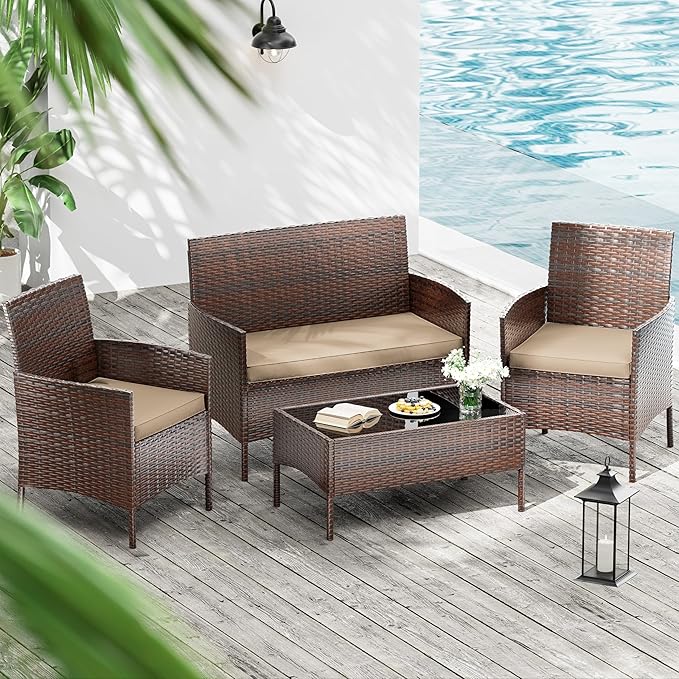 3 Pack Outdoor Replacement Cushions, Fit for 4-Seater Wicker Rattan Patio Conversation Set, 36x18x3,18x18x3, Liner & Cover