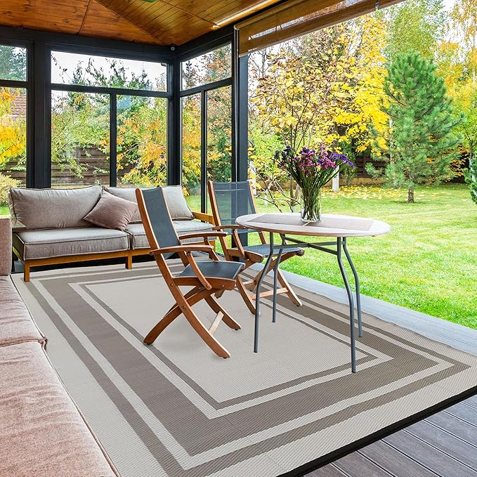RURALITY Outdoor Rugs 6x9 Feet Waterproof for Patios Clearance,Plastic Straw Mats for Backyard,Porch,Deck,Balcony,Reversible,Easy to Clean, Modern Geometric