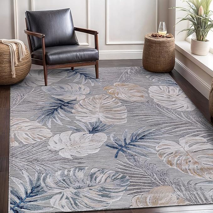 CAMILSON Indoor Outdoor Rug, Blue 6’x9’ Leaf Tropical Botanical Area Rugs for Indoor and Outdoor patios, Easy-Cleaning Non-Shedding Living Room, Garden and Kitchen Washable Outside Carpet (6x9)