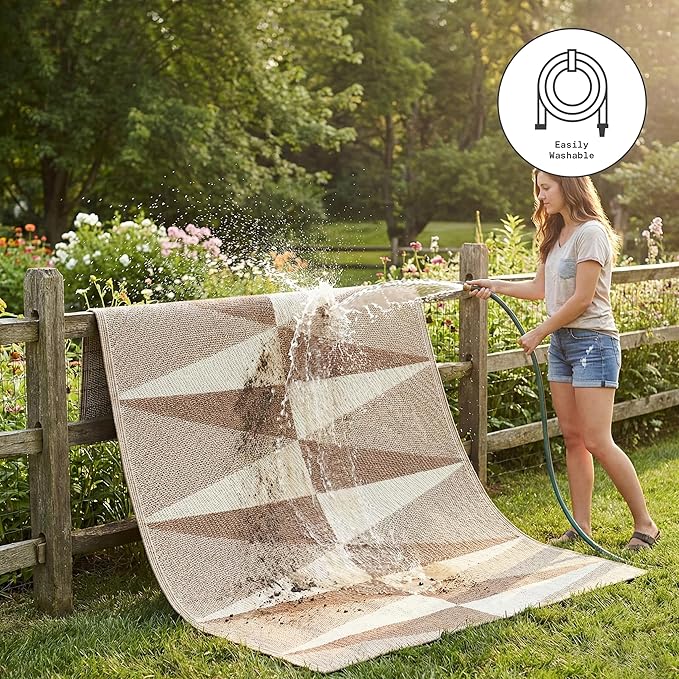 Fab Habitat Geometric Modern Minimalist Outdoor Rug - Waterproof, Crease-Free Fade Resistant, Reversible - Recycled Plastic - Patio Porch Balcony Deck Yard Garden - Tuscon Natural - 4x6 ft