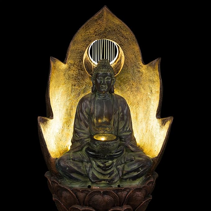 Alpine Corporation 59" Tall Outdoor Buddha Fountain with LED Lights, Elegant Water Feature for Garden, Patio, Yard & Outdoor Spaces, Realistic Stone Look, Calming Waterfall for Relaxation, Brown