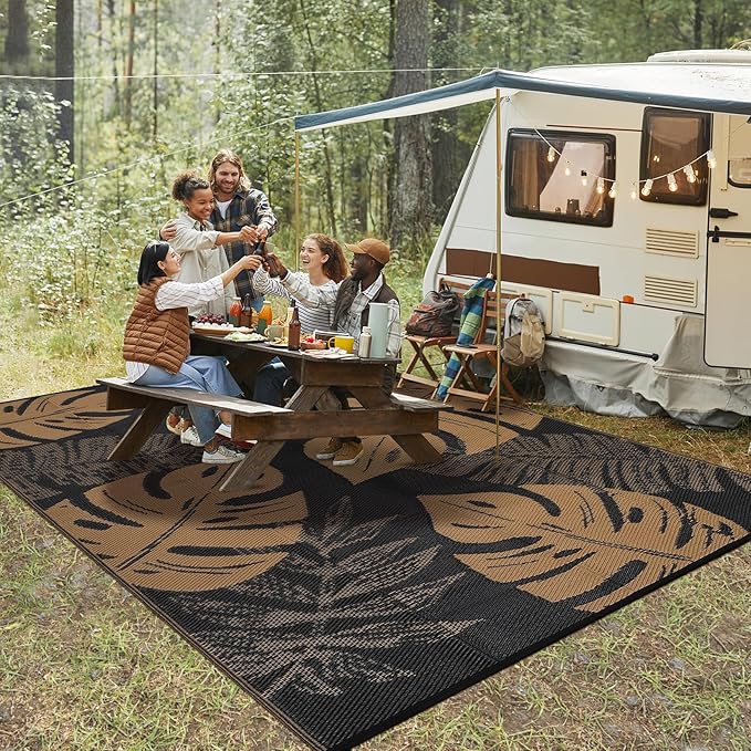 COZYLOOM Outdoor Rug 8x10 Patio Rugs Waterproof Plastic Straw Rug Reversible UV Resistant Camping Mat, Foldable Lightweight RV Picnic Mat with Portable Bag, Modern Outdoor Carpet for Yard, Brown