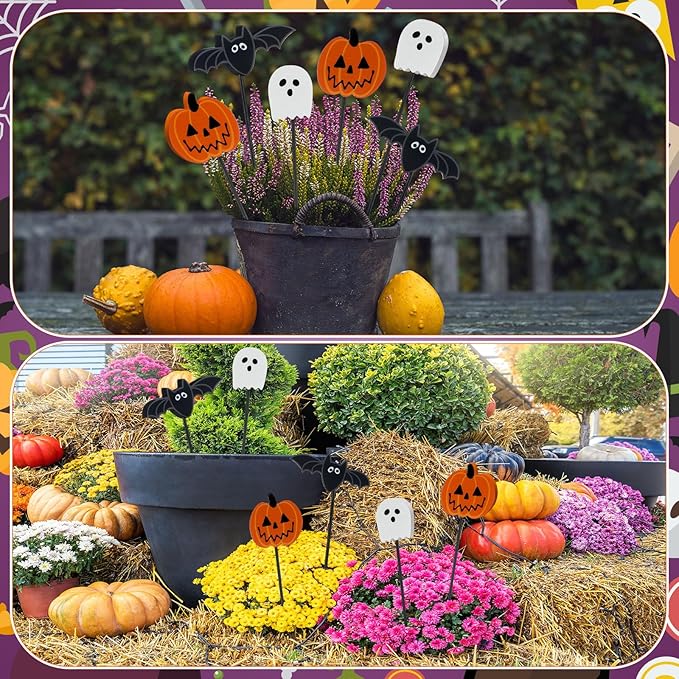 6 Pcs Wood Pumpkin Ghost and Bat Garden Stakes Yard Decor Set for Halloween Indoor Outdoor Lawn Pathway Patio Ornaments