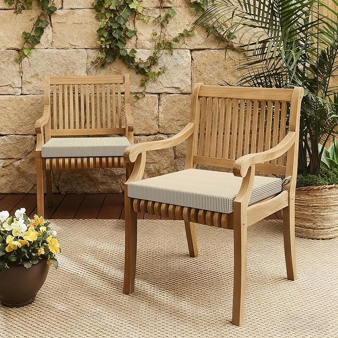 LVTXIII Outdoor Chair Cushions 19"x19"x2" Pack of 2, Water-Repellent Square Corner Memory Foam Seat Cushions with Ties for Garden Patio Furniture, Strip Beige