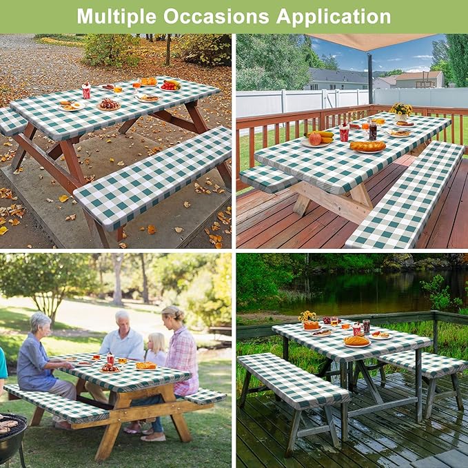 Picnic Table Cover with Bench Covers Camping Essentials Waterproof Windproof Camping Tablecloth with Drawstring Bag, Fitted Rectangle Tables and Seats, 60in, White Green Checkered