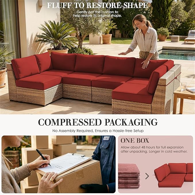 Outdoor Replacement Cushions for Patio Furniture, 5" Foam High-Density, 14-Piece Water-Resistant Outdoor Cushion for 6-Seat Sectional Patio Conversation Sets, Liner&Cover