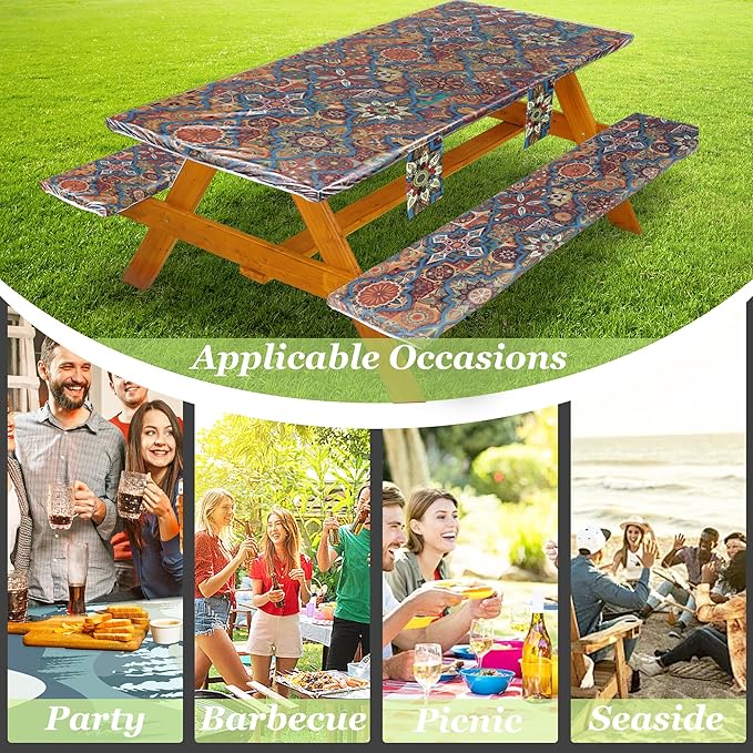 Fitted Picnic Table Cover with Bench Covers Waterproof Elastic Edges Rectangle Patio Tablecloth Outdoor Camping Essentials Stuff Rv Accessories Summer Travel Camper Trip Gifts for Men Woman, 72in 6 ft