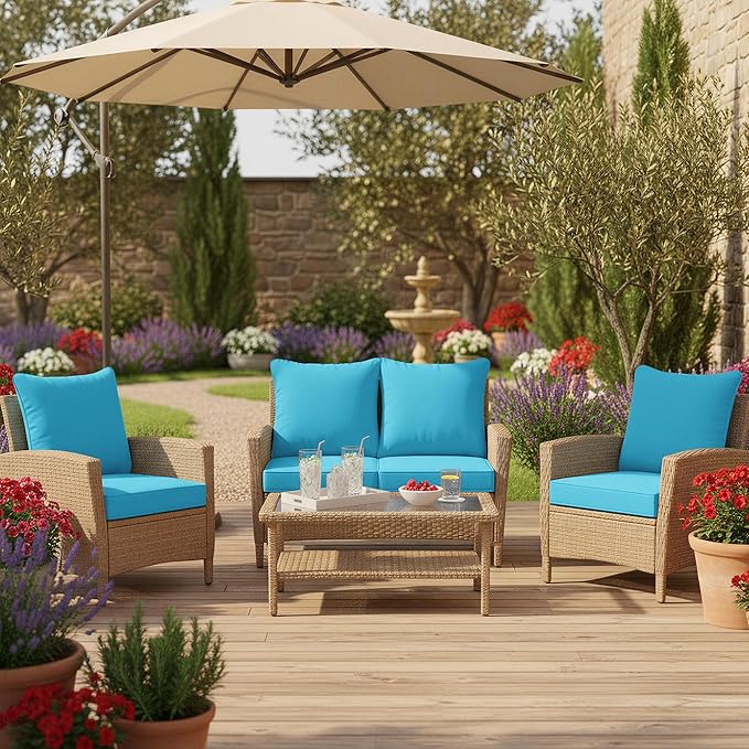 Outdoor Backrest and Deep Seat Cushion Set, Waterproof Fade Resistant Patio Chair Furniture Cushion with Removable Cover, 22 x 22 Inch, Teal, Set of 4