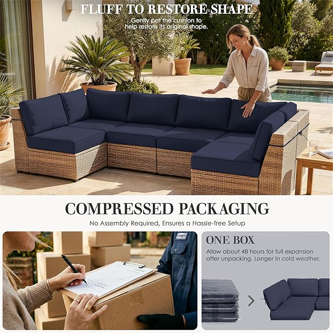 Outdoor Replacement Cushions for Patio Furniture, 5" Foam High-Density, 14-Piece Water-Resistant Outdoor Cushion for 6-Seat Sectional Patio Conversation Sets, Liner&Cover
