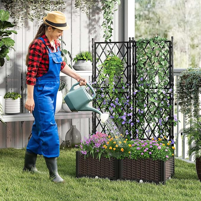 HAPPYGRILL Raised Garden Bed with Trellis, Double Self-Watering Planter Boxes w/Drain Holes for Climbing Vines Flowers Vegetables, Indoor Outdoor Tall Plant Support Privacy Fence for Backyard Balcony