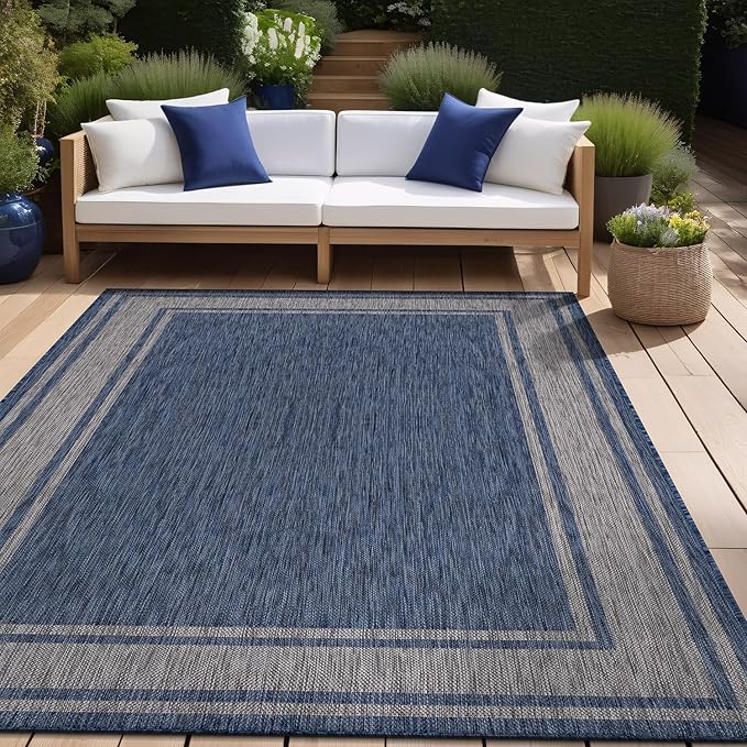Beverly Rug Outdoor Rug 8x10 Modern Bordered Area Rugs for Indoor and Outdoor Patio Deck Porch Garden Waterproof Weather Sun Resistant Washable Outside Carpet (8 x 10 Navy)