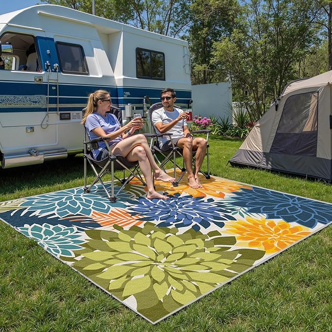 Colorful 8x10 Outdoor Area Rug Washable Multicolored Patio Rug Tropical Botanical Floral Chenille Waterproof Outdoor Carpet Non-Slip for Deck, Backyard, Porch, Green