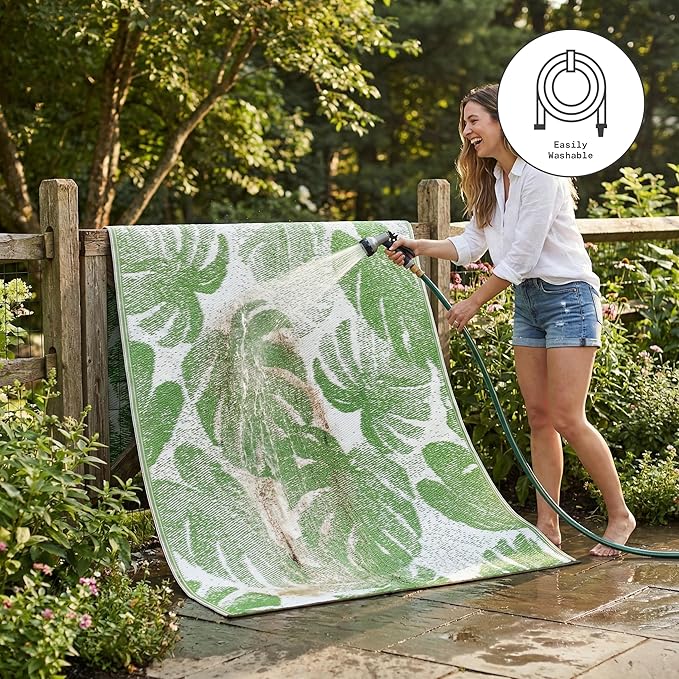 Fab Habitat Outdoor Rug - Waterproof, Fade Resistant, Crease-Free - Premium Recycled Plastic - Tropical Palm Leaf Botanical - Patio, Porch, Deck, Balcony - Panama - Green - 5 x 8 ft