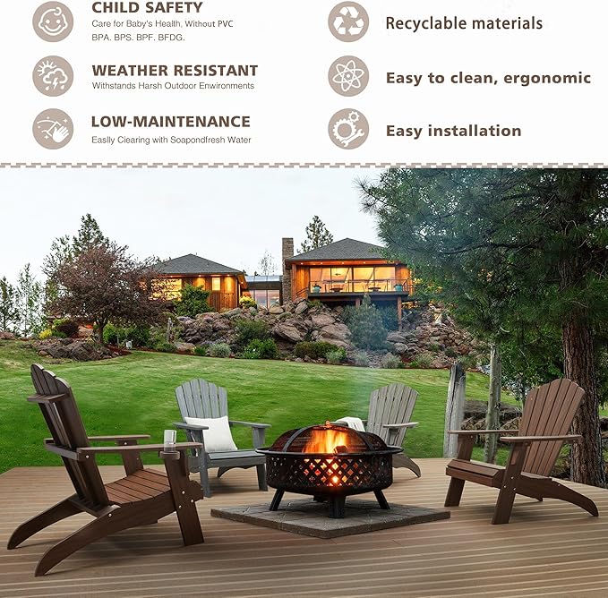 Psilvam Oversized Adirondack Chair, Fade-Resistant & Odor-Free Poly Lumber Fire Pit Chairs with Cup Holder, Weatherproof Lawn Chair, Installs in 15 Min Patio Chair, 350 Lbs Support (2, Light Brown)