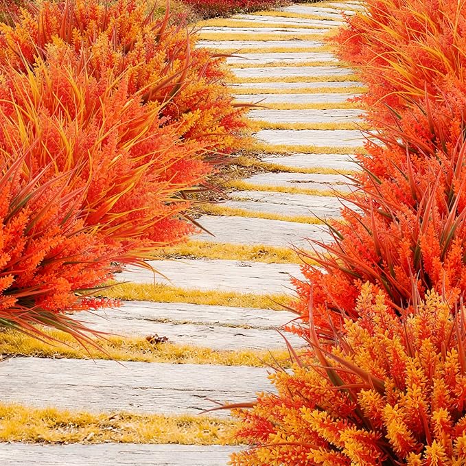 Geegoods 24 Bundles Artificial Fall Flowers Outdoor – Faux Lavender Flowers with Monkey Grass UV Resistant Plastic Faux Plants for Garden Porch Patio Home Decor, Autumn-Orange Color (Pack of 2)