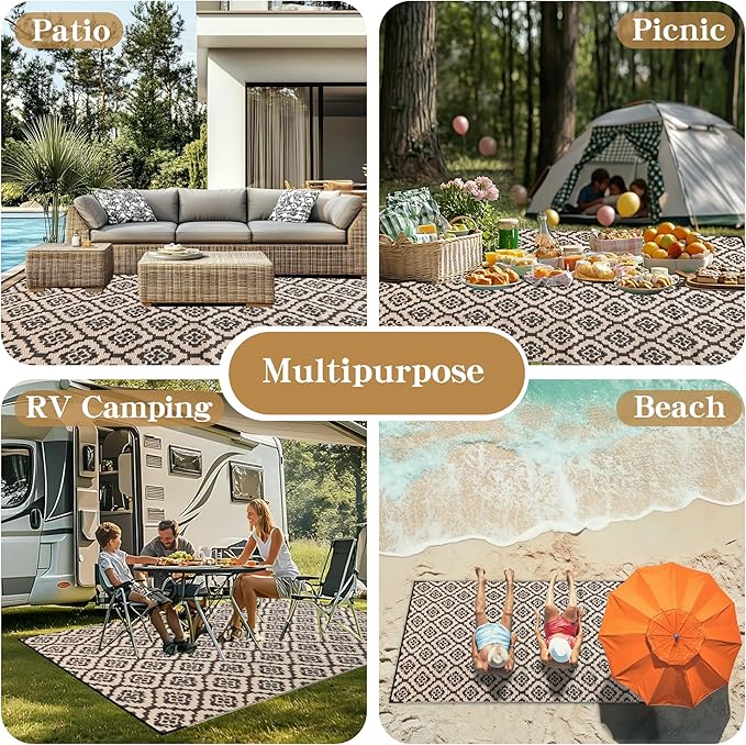 Wallona Outdoor Rugs 9x12 ft Patio Waterproof Clearance Indoor Outdoor Large Carpet for Patio Plastic Straw Reversible Area Rugs Mat for RV, Camping, Balcony, Beach, Picnic, Porch, Brick Black & Beige