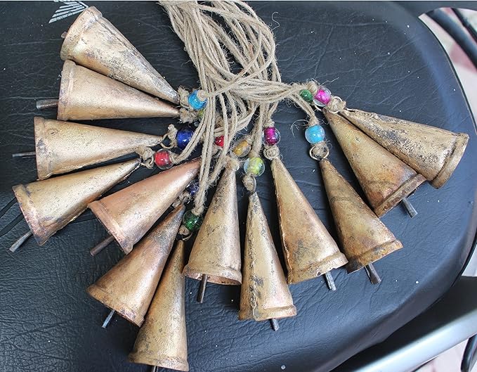 Rustic Iron Tin Cone Bells with Beads, 12 Pc Mini Wind Chime Bells for Crafts, Decor, Garden, Wedding, Festival, DIY Projects β Handmade Hanging Vintage Bells with Jute String β Small Bells That Ring