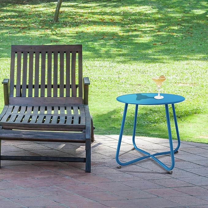 Patio Side Table, Round Metal Steel Weather Resistant Portable Patio Table, Outdoor and Indoor Patio Small Table for Garden Balcony Yard, Peacock Blue