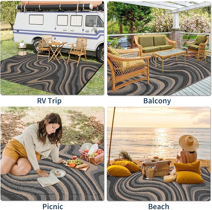 Outdoor Rug 8x10 Waterproof Patio Rugs Modern Abstarct Reversible Mat for Front Door Rv Foldable Plastic Straw Carpet for Travel Trailers, Deck, Camper, Balcony, Beach,Black/Gray/Brown