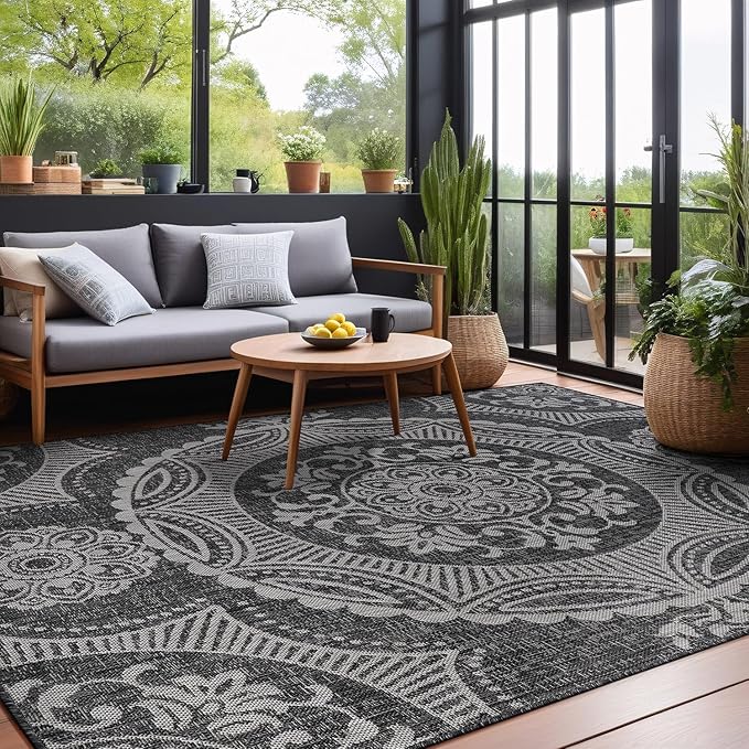 Medallion Outdoor Rug 8x10 Washable Outside Carpet for Indoor Patio Porch Waterproof Easy Cleaning Non Shedding Area Rugs Dark Gray 8 x 10