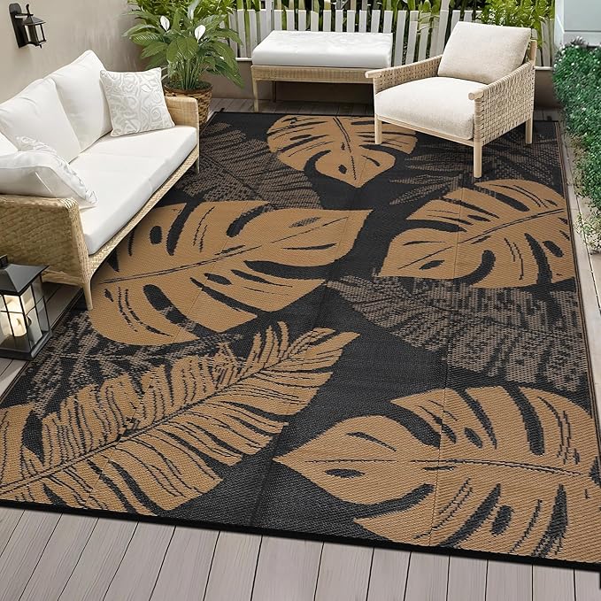COZYLOOM Outdoor Rug Waterproof 10x14 Reversible Outdoor Plastic Straw Rugs Modern Leaf Patio Rug Indoor Outdoor Carpet RV Mat for Deck Backyard Patio RV Camping Beach, Black and Brown
