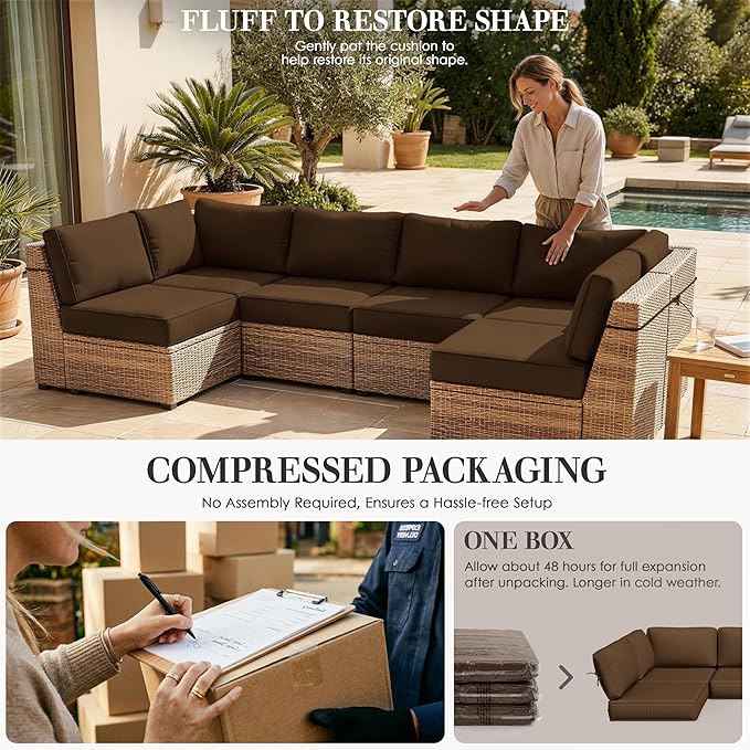 Outdoor Replacement Cushions for Patio Furniture, 5" Foam High-Density, 14-Piece Water-Resistant Outdoor Cushion for 6-Seat Sectional Patio Conversation Sets, Liner&Cover