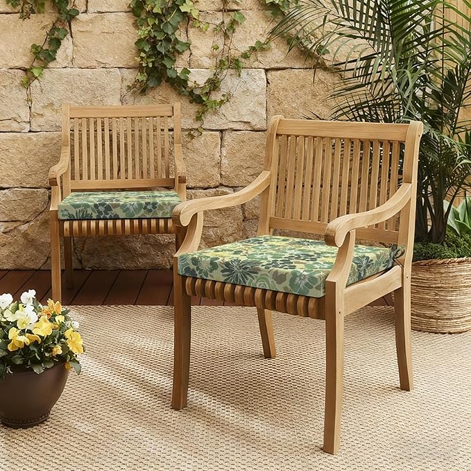 LVTXIII Outdoor Seat Cushions Set of 4 Square Corner Chair Cushions with Ties, Patio Chair Pads for Home Office and Patio Garden Furniture Decoration 19"x19"x2", Green Rose