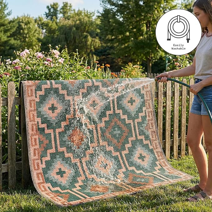 Fab Habitat Outdoor Rug - Waterproof, Fade Resistant, Crease-Free, Reversible - Premium Recycled Plastic - Vintage Boho Kilim - Large Patio, Deck, Sunroom, Camping, RV - Lhasa - Green - 8 x10 ft