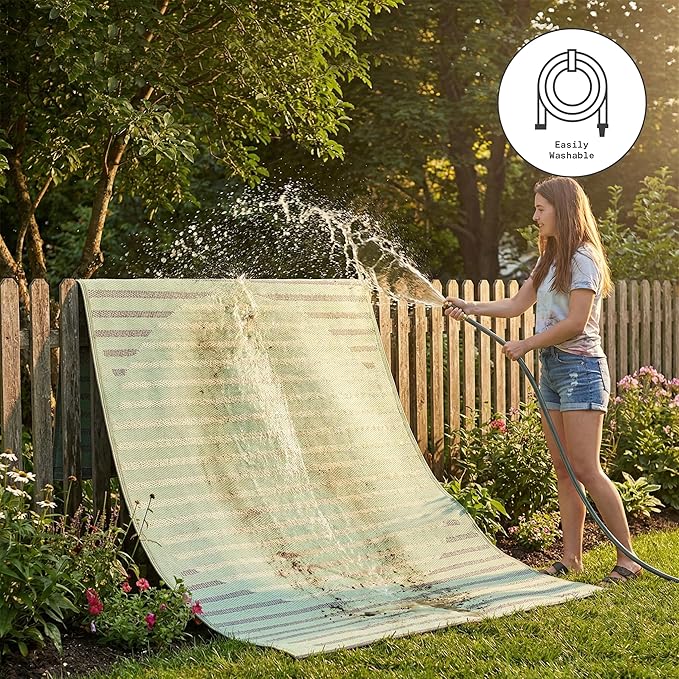 Fab Habitat Striped Outdoor Rug - Waterproof, Fade Resistant, Crease-Free - Premium Recycled Plastic - Porch, Deck, Balcony, Mudroom, Laundry Room, Patio - Kyoto - Green - 3 x 5 ft