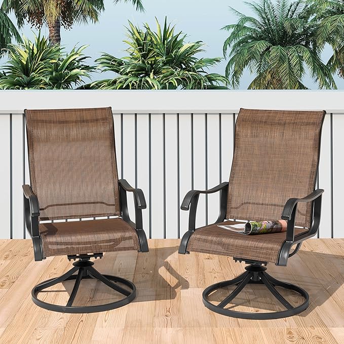 NUU GARDEN Patio Dining Chairs Set of 4, Swivel Patio Sling Chairs All-Weather Textilene Outdoor Swivel Rocker Dining Chairs with Metal Frame and High Back for Lawn Backyard, Brown