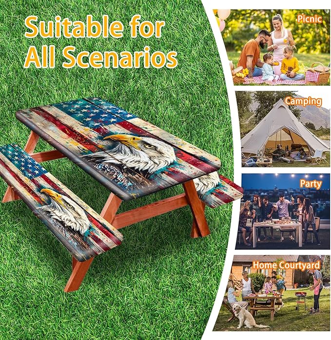 Picnic Table Cover with Bench Covers Camping Essentials Waterproof Windproof Camping Tablecloth with Elastic, Fits Table 30"x 72" Rectangle and Seats, Wood Grain American Flag