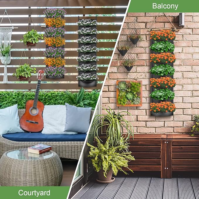 iPower Hanging Vertical Wall Planter 7 Pockets Upgraded Deeper Waterproof Herb Flower Growing Pouch Felt Cloth, for Yard Garden Courtyard Fence Home, Balcony Office Decoration