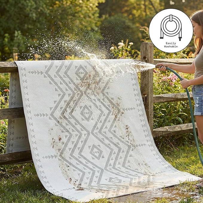 Fab Habitat Aztec Outdoor Rug - Waterproof, Fade Resistant, Crease-Free - Premium Recycled Plastic - Striped - Patio, Porch, Deck, Balcony - Ojai - Beige - 5 x 8 ft