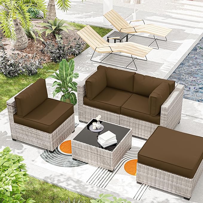 Outdoor Cushions for Patio Furniture with 5 Pillows, Waterproof Patio Furniture Cushions Replacement, 4" Deep Seat Outdoor Sectional Cushions for 4-seat Patio Furniture Chair Sofa Couch,Chocolate