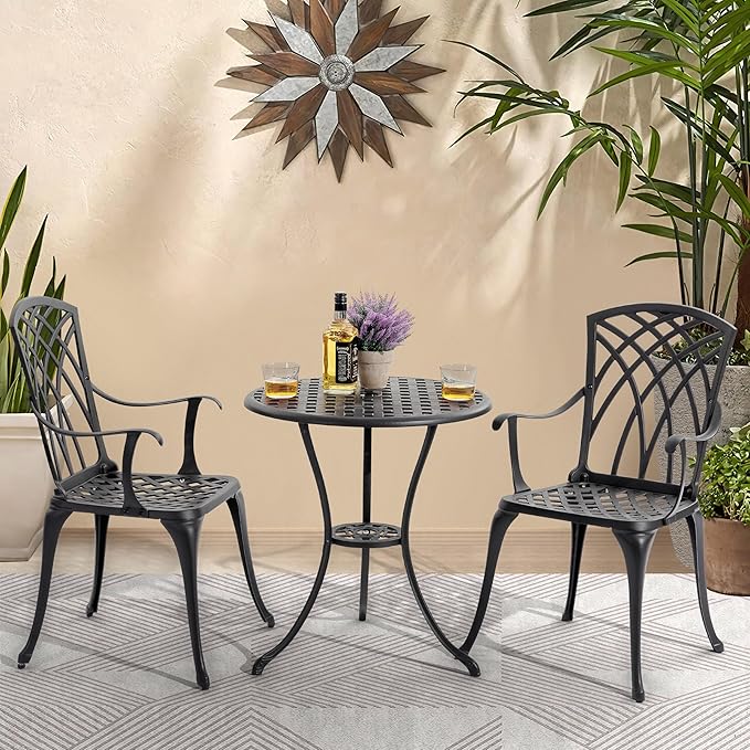 NUU GARDEN Bistro Set 3 Piece Outdoor All Weather Cast Aluminum Patio Bistro Set Patio Table and Chairs Set of 2 with Umbrella Hole for Backyard, Balcony, Front Porch, Lawn, Black