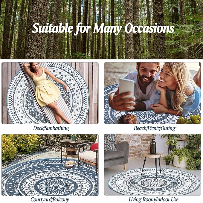 Cekene Round Outdoor Patio Rugs 8Ft Waterproof Reversible Outdoor Rugs with Carry Bags Lightweight Plastic Straw Rugs Portable RV Camping Mat Blue Floor Carpet for Deck Porch Picnic BBQ