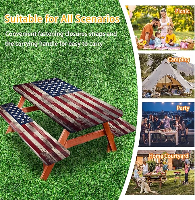 Picnic Table Cover with Bench Covers 6FT 3PCS, Camping Essentials, Fitted Camping Tablecloth Waterproof and oilproof with elastic Edge for Indoor Outdoor Patio, Retro American Flag (72inch)