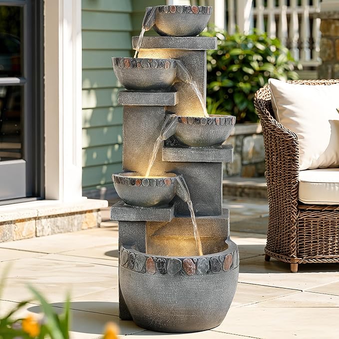 33" H 4-Tier Fountain Outdoor, Modern Resin Pebble Tabletop Water Feature Outdoor with LED Lights, Soothing Cascading Waterfall for Patio, Backyard, Garden or Porch