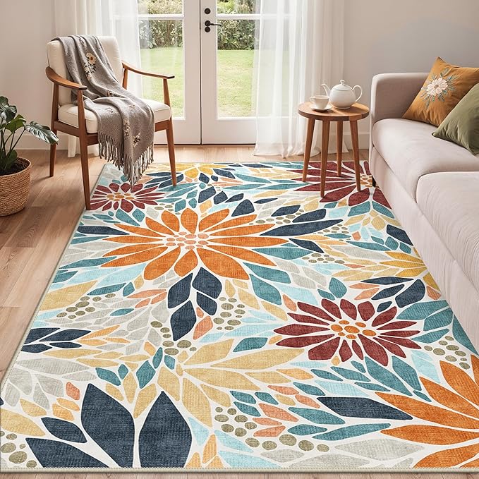 GENIMO Indoor Outdoor Area Rug 6'x9', Machine Washable Rugs for Patio, Waterproof, Non-Slip Easy Cleaning Floral Outdoor Mat Carpet for Living Room, Bedroom, RV, Balcony, Deck, Camping, Orange