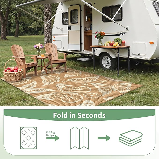 GENIMO Outdoor Rug 6' x 9' Waterproof for Patio Clearance, Reversible Plastic Straw Camping Carpet, Lightweight Mats for Rv, Camper, Deck, Porch, Picnic, Beach, Balcony, G.Brown & Beige