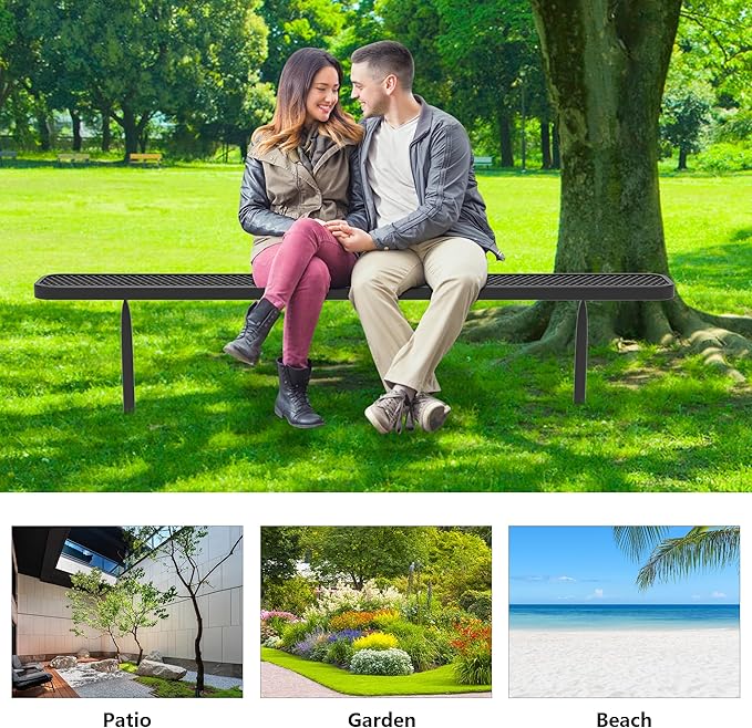 8 FT Heavy Duty Metal Park Bench for Outside, Outdoor Backless Bench with Thermoplastic Coating, Commercial Benches for Shopping Mall, Store, Park, Deck, Inground Mounted, Black