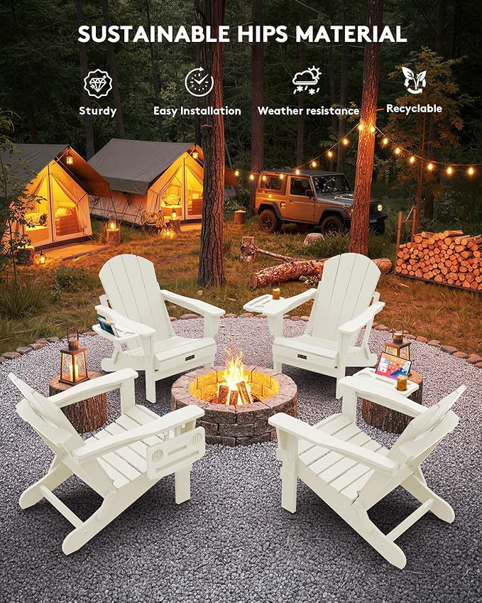 SERWALL Folding Adirondack Chair Set of 4, Outdoor Adirondack Chairs with 4 in 1 Cup Holder, Wood Texture Patio Chairs, Weather Resistant Fire Pit Chairs for Patio Deck Garden, Backyard Deck - White