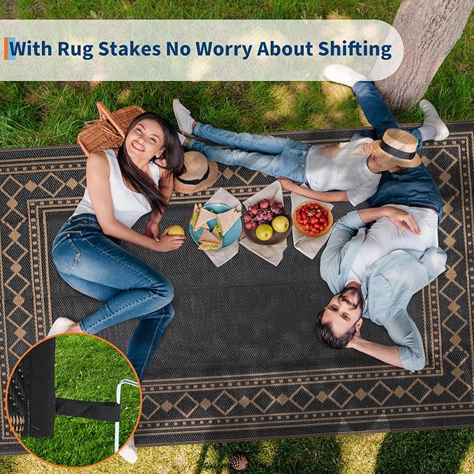 Garvee Outdoor Rug 9x18 ft, Patio Plastic Straw Rug Waterproof Reversible Patio Mat, Large Plastic Straw Rug for RV, Camping, Deck, Balcony, Easy Clean & Portable,Dark Brown