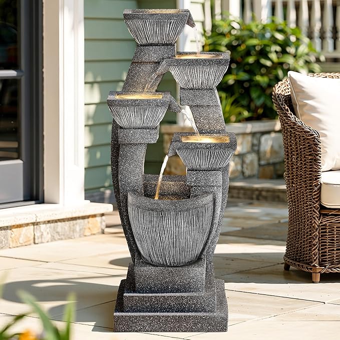 40.5" Outdoor Fountain, Four-Column & Bowls Water Feature with LED Lights, Modern Resin Soothing Cascading Waterfall for Patio, Backyard, Garden or Porch